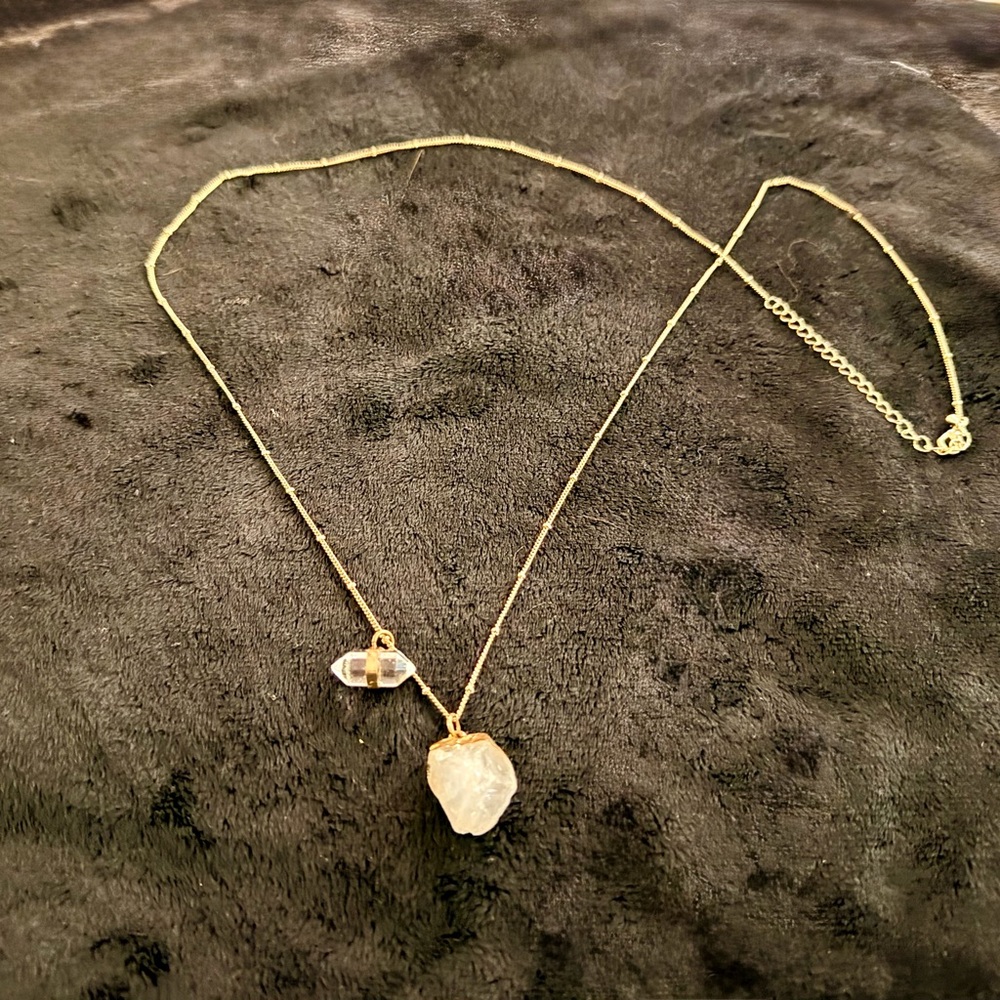 Gold Chain Necklace with 2 Clear Crystal Pendants - Adjustable